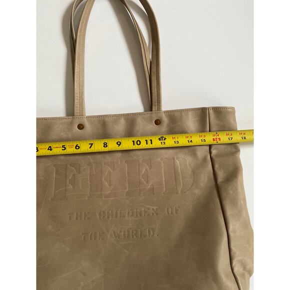 Feed The Children Of The World Leather Tote Bag Embossed Almond Shoulder Bag Tan - Picture 15 of 16